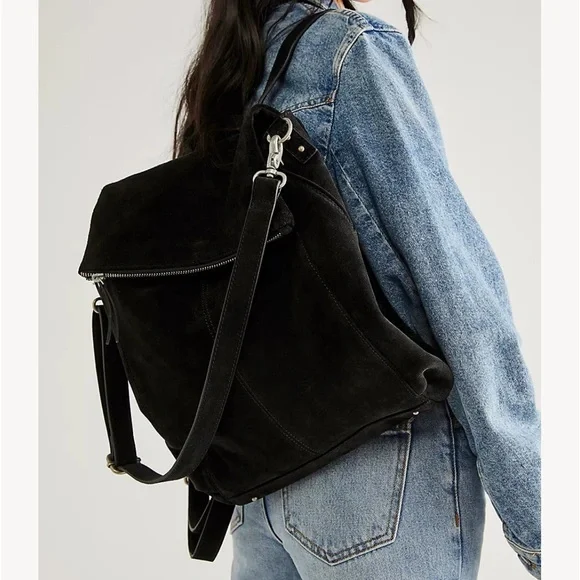 Free People Camilla Black Suede Leather Convertible Backpack| Hobo Slouch Bag - Picture 2 of 9